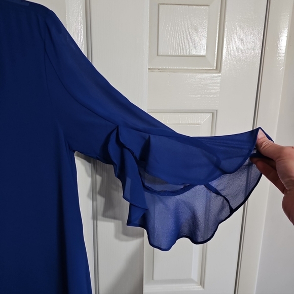 Umgee Royal Blue Ruffle Sleeve Sheer Chiffon Tunic Top Women’s Small Flowy Prep - Picture 5 of 8